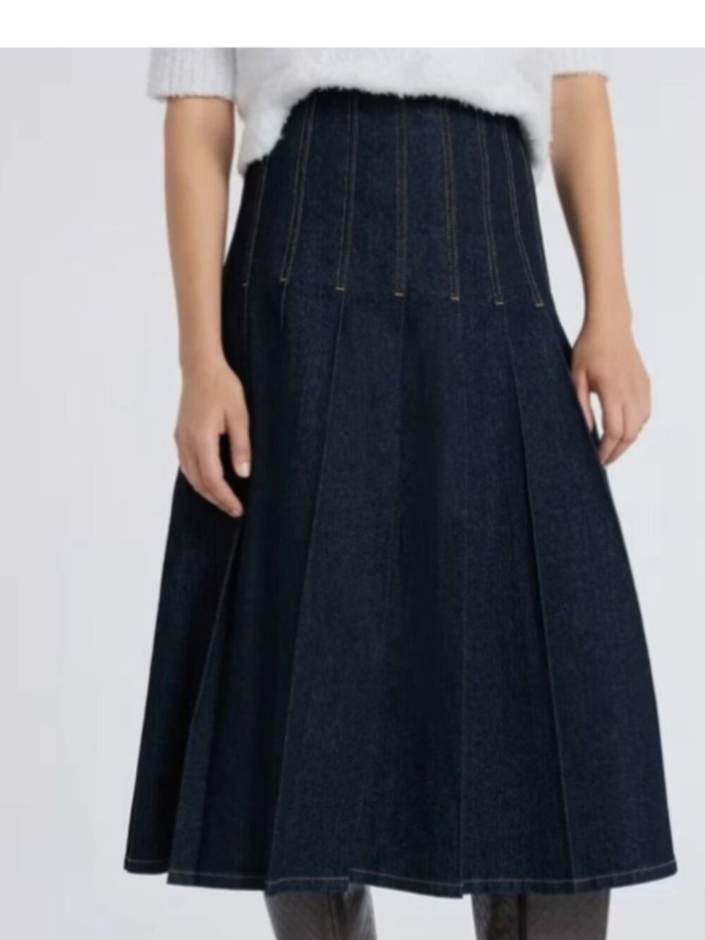 Free Assembly Stitch Pleated Denim Midi Skirt Asst Sizes